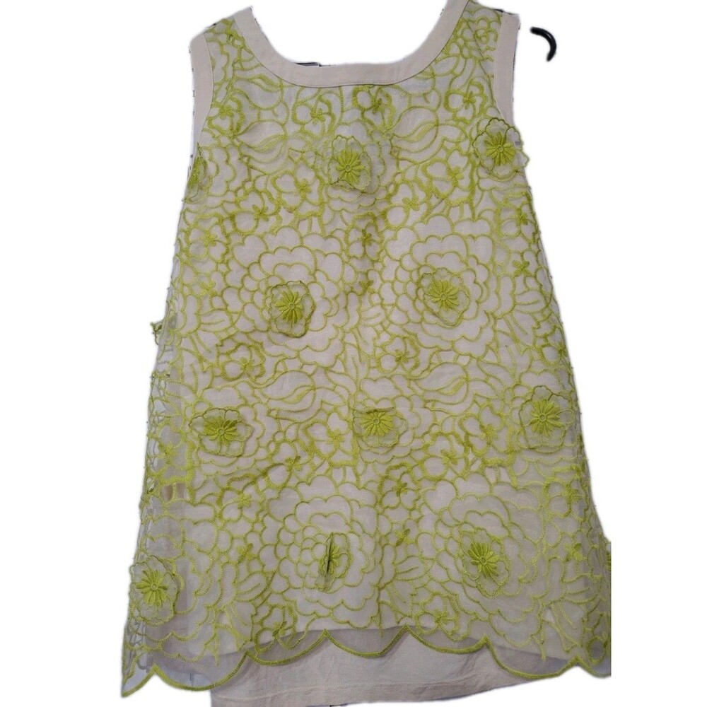 Ann Taylor Loft Womens Round Neck Floral Top Sleeveless Size Large Tan And Lime